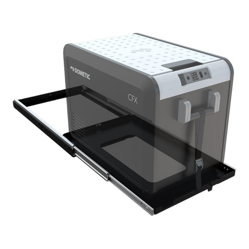 A Dometic CFX Fridge, shown in a semi-transparent rendering with its black Front Runner Fridge Slide for a 40 to 52L Fridge on a white background