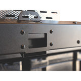 Close up of the locking mechanism of  a Front Runner Cargo Slide/Fridge Slide  on a white background