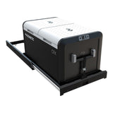 Domatic CFX undercounter refrigerator in a black and white design, mounted on a Runner Cargo Slide/Fridge  shown on a solid white background.