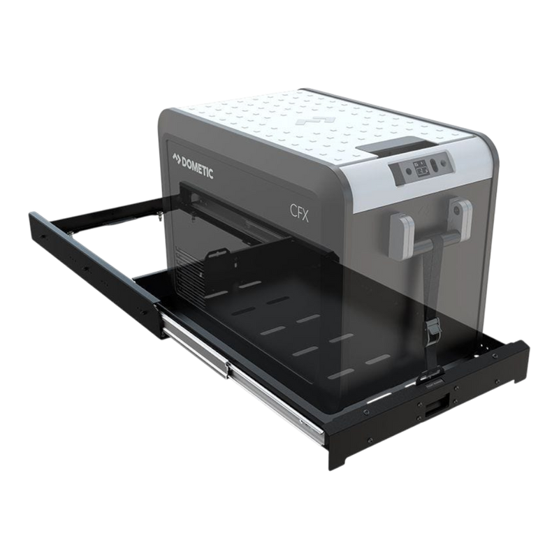Front Runner Cargo Slide/Fridge Slide / 40L to 52L with a Dometic 80L Fridge strapped on, on a white background