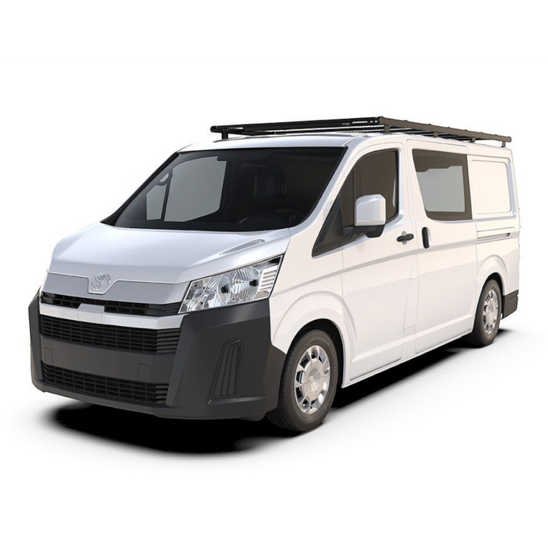 A white van with a Front Runner Toyota HiAce LWB (2019-Current) Slimpro Roof Rack Kit fitted, on a white background