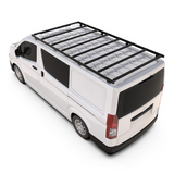 A white cargo van shown from a high angle on a white background, fitted with aFront Runner Toyota HiAce LWB (2019-Current) Slimpro Roof Rack Kit.