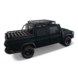 A black off-road pickup truck with a Front Runner Ineos Grenadier Quartermaster Slimline II Roof Rack Kit and bed rack, shown from a three-quarter rear angle on a white background.