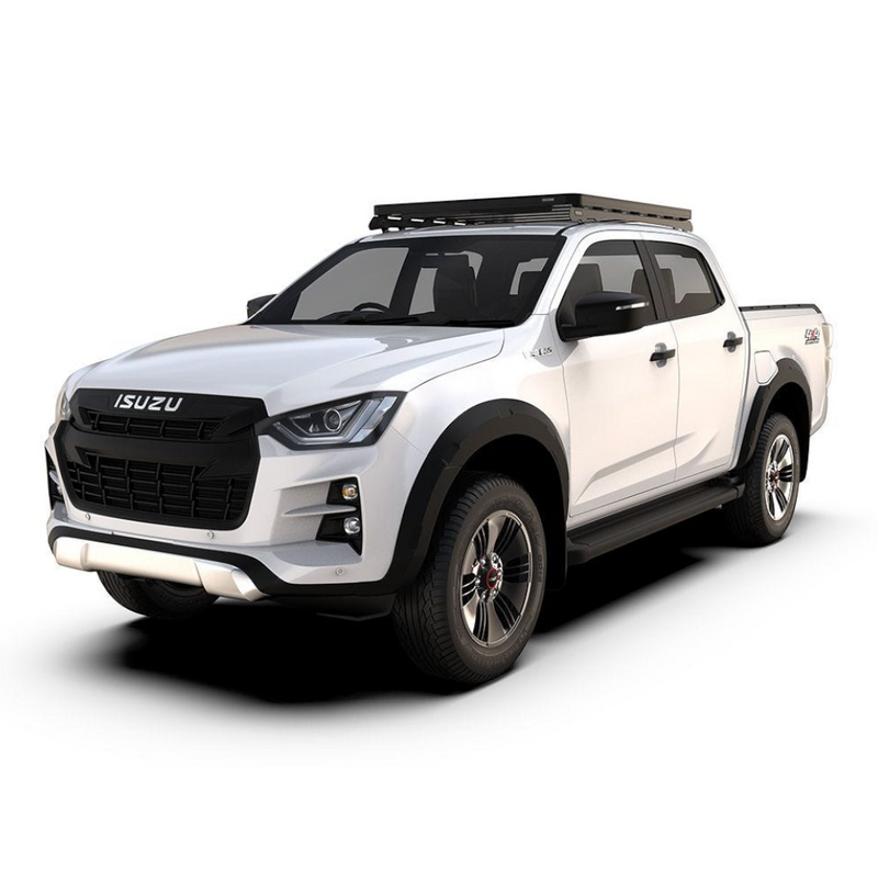 A white Isuzu double-cab pickup truck shown from a three-quarter front angle on a clean white background. The truck features a black front grille with the Isuzu logo, black wheel arches, a black Front Runner Series Isuzu D-Max (2020-Current) Slimline II Roof Rack Kit / Low Profile, and black multi-spoke wheels.