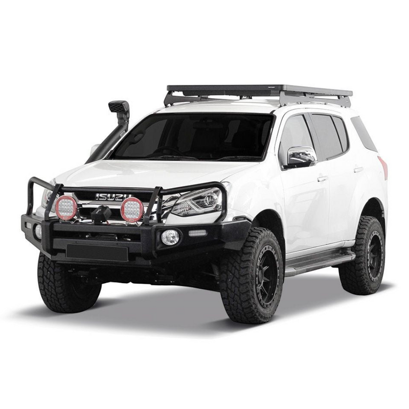 A white Isuzu pickup truck shown from a three-quarter front angle on a clean white background, fitted with a black Front Runner Series Isuzu MU-X (2017-2020) Slimline II Roof Rack Kit, black front bull bar, off-road tires, and auxiliary round lights.