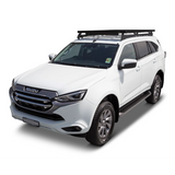 A white Isuzu SUV with a Front Runner Series Isuzu MU-X (2021-Current) Slimline II Roof Rack Kit and black side steps, photographed on a clean white background.
