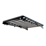 A black Front Runner Series Isuzu MU-X (2021-Current) Slimline II Roof Rack Kit with a slatted top and support arms, shown at an angle on a plain white background.