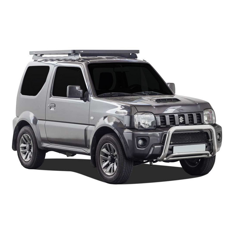 A silver Suzuki Jimny SUV with a black Front Runner Suzuki Jimny (1998-2018) Slimline II Roof Rack Kit and a silver bull bar on the front, shown from a three-quarter angle against a plain white background.