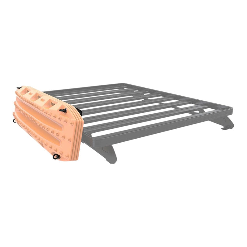 A gray metal roof rack with a set of Front Runner Series Recovery Device & Gear Holding Side Brackets attached to the side, shown on a plain white background.