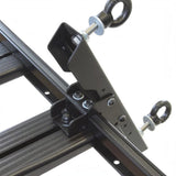 Close-up of a Front Runner Series Recovery Device & Gear Holding Side Brackets attached to a black Roof Rack, with visible screws, washers, and hanging eye bolts on a white background.