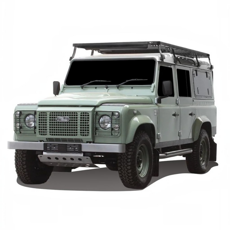 Light green Land Rover Defender fitted with the Front Runner Land Rover Defender 110 (1983-2016) Slimline II Roof Rack Kit on a white background