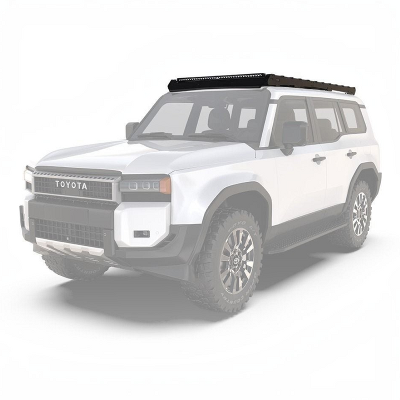 White Toyota SUV with a Front Runner Toyota Land Cruiser Prado 250 (2024-Current) Slimsport Roof Rack Kit / Light Bar Ready on a white background