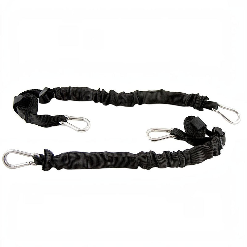 Black Front Runner Stratchits with metal hooks on a white background