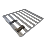 A gray aluminum slatted mounting plate with two black metal Front Runner Series Recovery Device Mounting Kit brackets attached, shown on a plain white background.