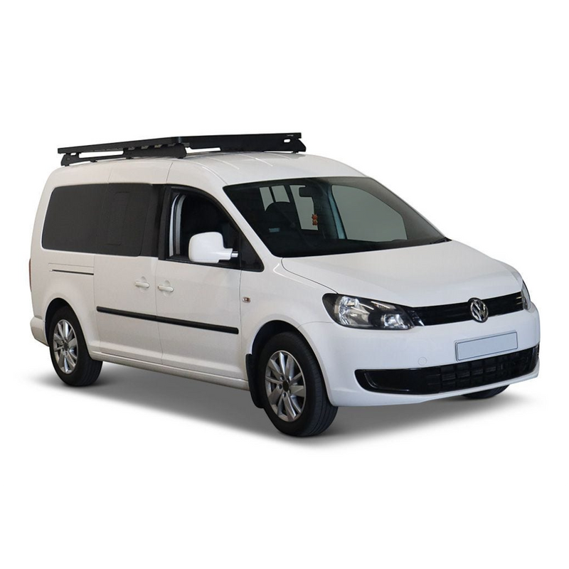 A white Volkswagen Caddy van with a black Front Runner Volkswagen Caddy LWB (2015-2020) Slimline II Roof Rack Kit, shown from a three-quarter front angle on a clean white background.