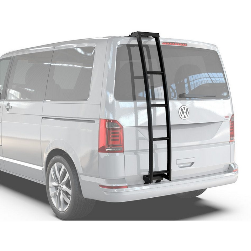 A black Front Runner Volkswagen T5/T6 Transporter Ladder mounted on the rear window of a silver Volkswagen van, shown on a clean white background.
