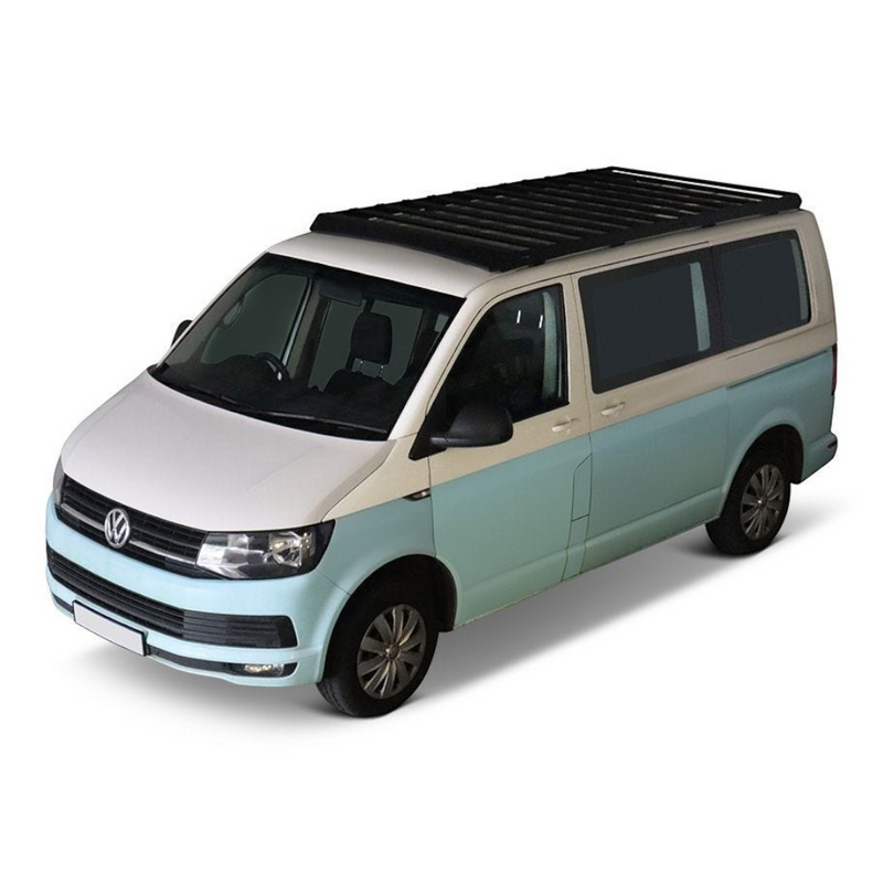 A light blue and white Volkswagen camper van with a black Front Runner Front Runner Volkswagen T5/T6/T6.1 Transporter SWB (2003-2024) Slimsport Roof Rack Kit, shown from a three-quarters front angle on a white background.