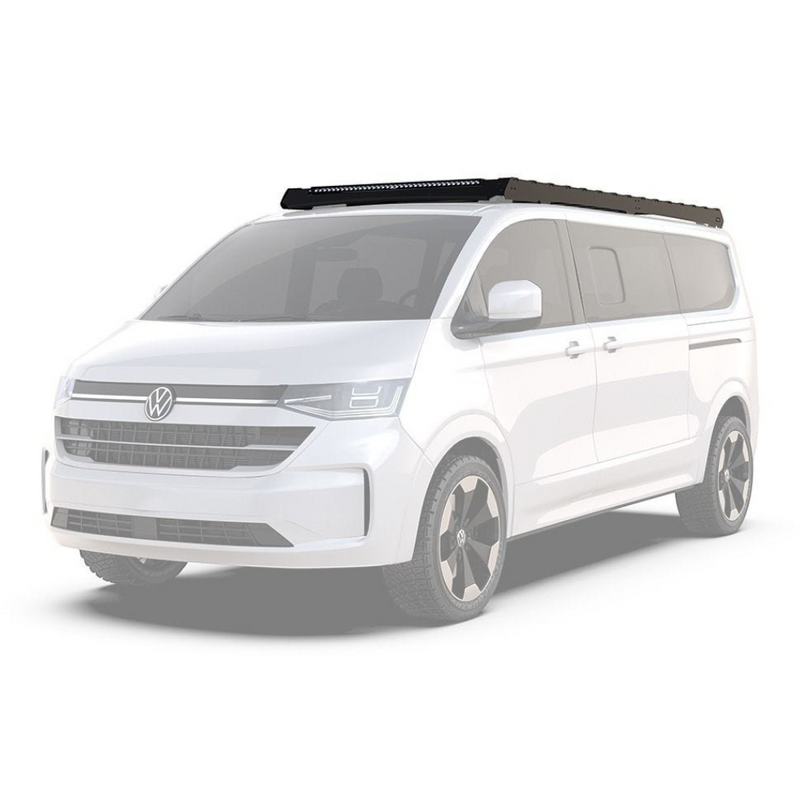 White van with a Front Runner Volkswagen T7 Transporter Caravelle LWB (2025-Current) Slimsport Roof Rack Kit / Light Bar Ready mounted on the roof, on a white background