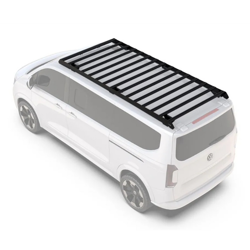 A black Front Runner Volkswagen T7 Transporter Caravelle LWB (2025-Current) Slimsport Roof Rack Kit with crossbars mounted on the roof of a white van, shown from a high-angle perspective on a clean white background.