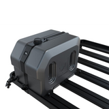 A Front Runner Pro Water Tank With Mounting System / 42L, mounted on a black metal roof rack, shown against a plain white background.