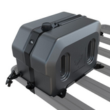 A Front Runner Pro Water Tank With Mounting System / 42L, shown mounted on a faded out roof rack against a white background.