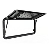 A black Front Runner Land Rover Defender (1983-2016) Gullwing Window / Aluminium with an open hinged top panel, shown on a plain white background.