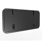 A black Front Runner Land Rover Defender (1983-2016) Gullwing Window / Aluminium with an open hinged top panel, shown on a with rounded corners, mounting brackets, and screw holes, shown from a side angle on a white background.