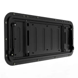 An view from the inside of the Front Runner Land Rover Defender (1983-2016) Gullwing Window / Aluminium, with rounded corners, shown at an angle on a plain white background.