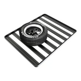 A black Front Runner Series Spare Wheel Clamp, rubber spare tire Toof Rack  carrier mat with a slatted design, shown holding a black All-Terrain T30 tire on a white background.