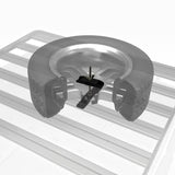 A black Front Runner Series Spare Wheel Clamp, tire carrier or rack component shown on a slatted Roof Rack support surface, rendered as a clean product cutaway with no people or real environment.