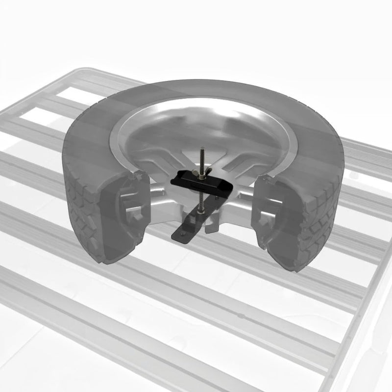 A black Front Runner Series Spare Wheel Clamp, tire carrier or rack component shown on a slatted Roof Rack support surface, rendered as a clean product cutaway with no people or real environment.