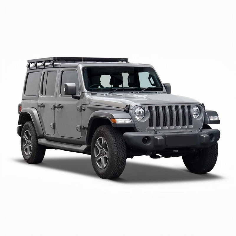Gray Jeep Wrangler with  Front Runner Jeep Wrangler JL 4 Door (2018-Current) Slimline II 1/2 Roof Rack Kit  on a white background