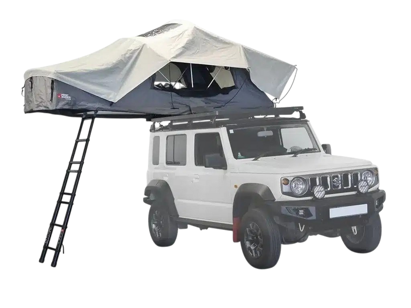 White Suzuki Jimny with a Front Runner Feather-Lite II Rooftop Tent on a white background. Camp 4x4