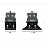 Two black Alu-Cab Gutter Feet. Standard and Wide Profile with diamentions. Suzuki Jimny