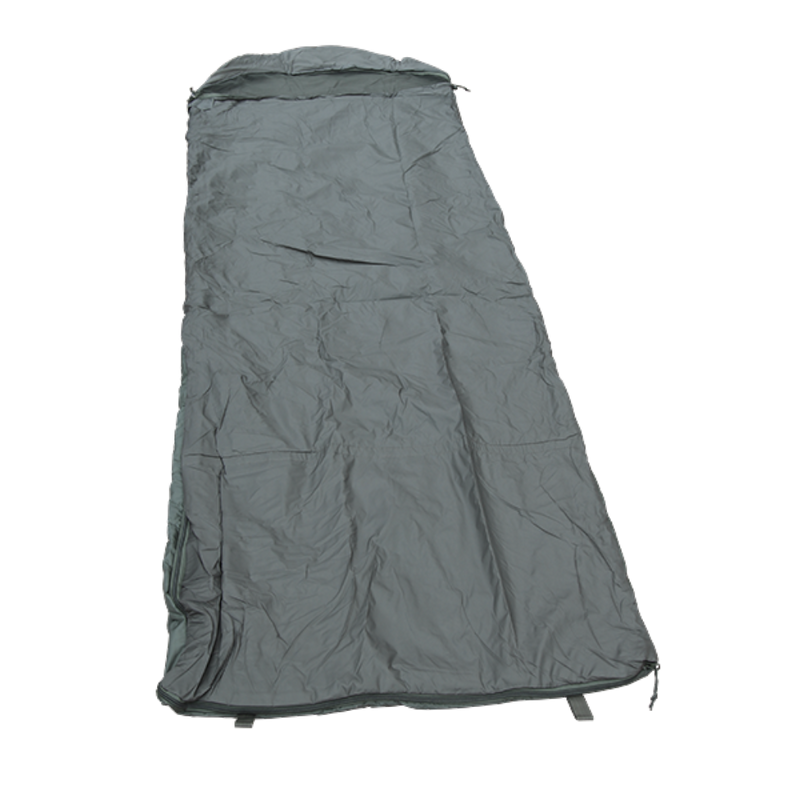 A gray waterproof MEERKAT Contoured Hood Military Sleeping Bag (0°C) shown flat against a white background.