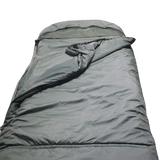 A dark gray outdoor MEERKAT Contoured Hood Military Sleeping Bag (0°C) shown from a top-down angle against a plain white background.