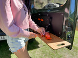 Alu-Cab Jimny rear drop down table with bamboo cutting board
