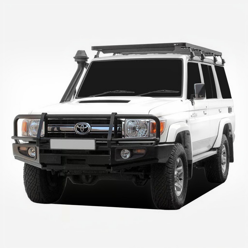 Front Runner Toyota Land Cruiser 76 Slimline II Roof Rack Kit, mounted on a LC76 Camp 4x4 off-road vehicle