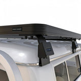close up view of a Front Runner Toyota Land Cruiser 79 DC Pickup Slimline II Roof Rack Kit, mounted to a White LC79, on a white background
