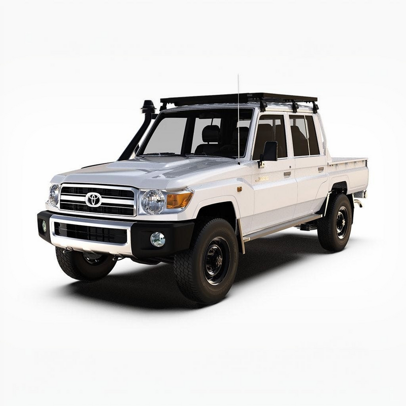 Front Runner Toyota Land Cruiser 79 DC Pickup Slimline II Roof Rack Kit, mounted to a White LC79, on a white background