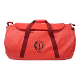 A red 120lt MEERKAT Travel bag, waterproof duffel bag, with dark red handles and a black circular logo on the front that reads '120LT'.