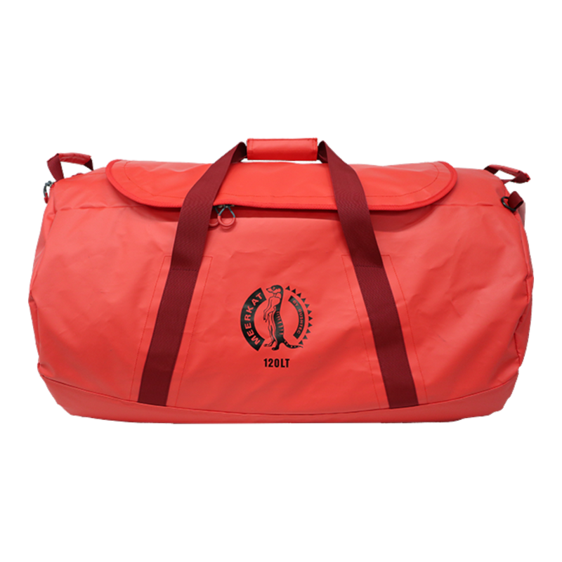A red 120lt MEERKAT Travel bag, waterproof duffel bag, with dark red handles and a black circular logo on the front that reads '120LT'.