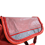 Close-up of a 120lt MEERKAT Travel bag, with red mesh zippered compartment on a white background, showing the interior gray lining and red trim.