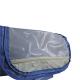 Close-up of a blue 90 lt MEERKAT Travel Bag / duffel bag with a front zippered pocket, isolated on a white background.