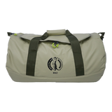 A beige 65 lt MEERKAT Travel Bag / duffel bag with dark webbing handles and a circular black logo on the front pocket, shown against a plain white background.