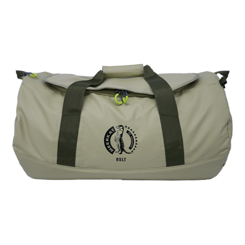A beige 65 lt MEERKAT Travel Bag / duffel bag with dark webbing handles and a circular black logo on the front pocket, shown against a plain white background.
