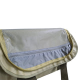 Close-up of a beige 65 lt MEERKAT Travel Bag / duffel bag with a front zippered pocket, isolated on a white background.