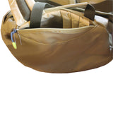 Close-up of a beige 65 lt MEERKAT Travel Bag / duffel bag with a front zippered pocket and light beige shoulder straps, isolated on a white background.