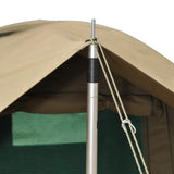 Close up of a Beige Meerkat Adventure Bow tent with teal accents on a white background