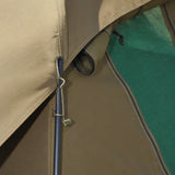 Close-up view of the Meerkat Adventure Bow tent with teal accents on a white background